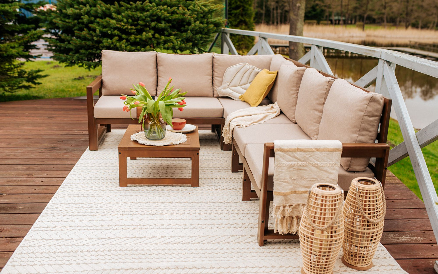 Drewniany Zestaw Mebli Ogrodowych Chillout Sofa 3-osobowa + Sofa 2-osobowa + Stolik