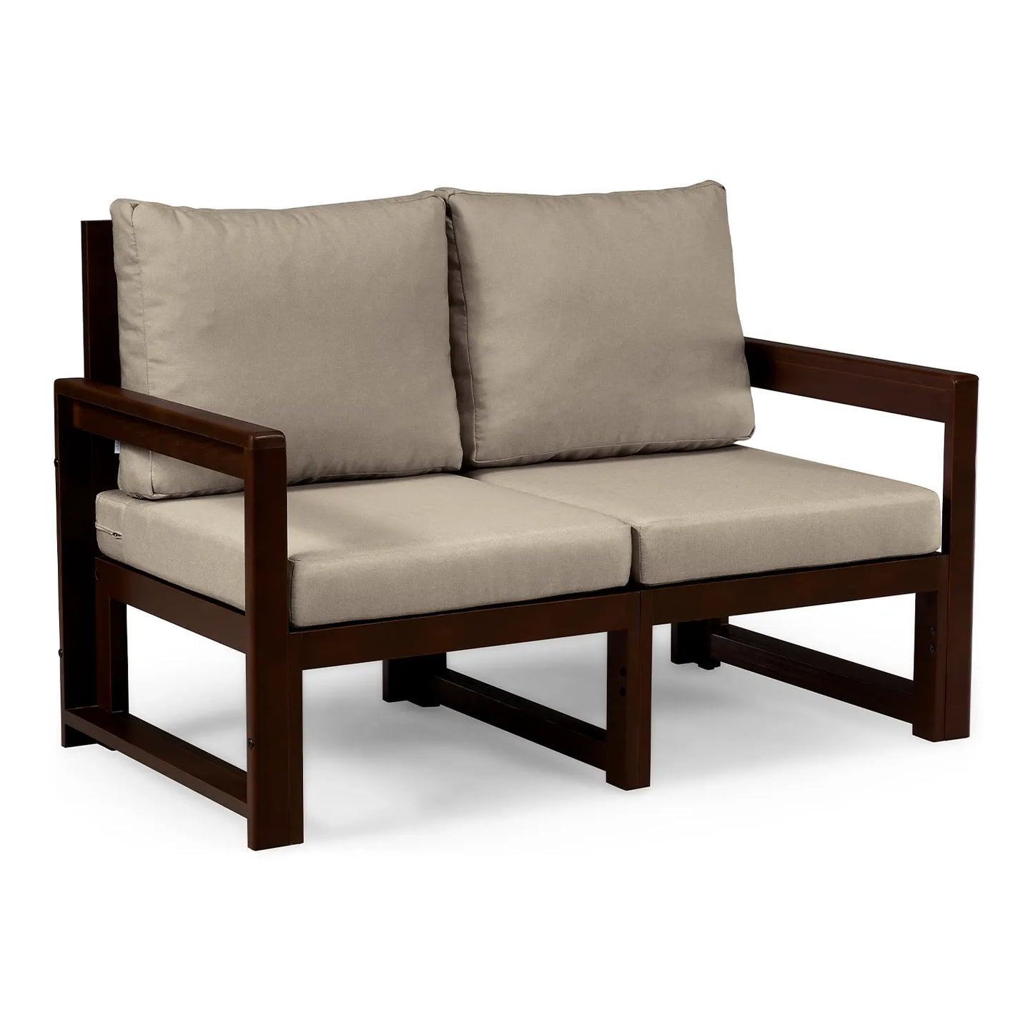drewniana sofa 2 osobowa chillout z bezowymi poduszkami