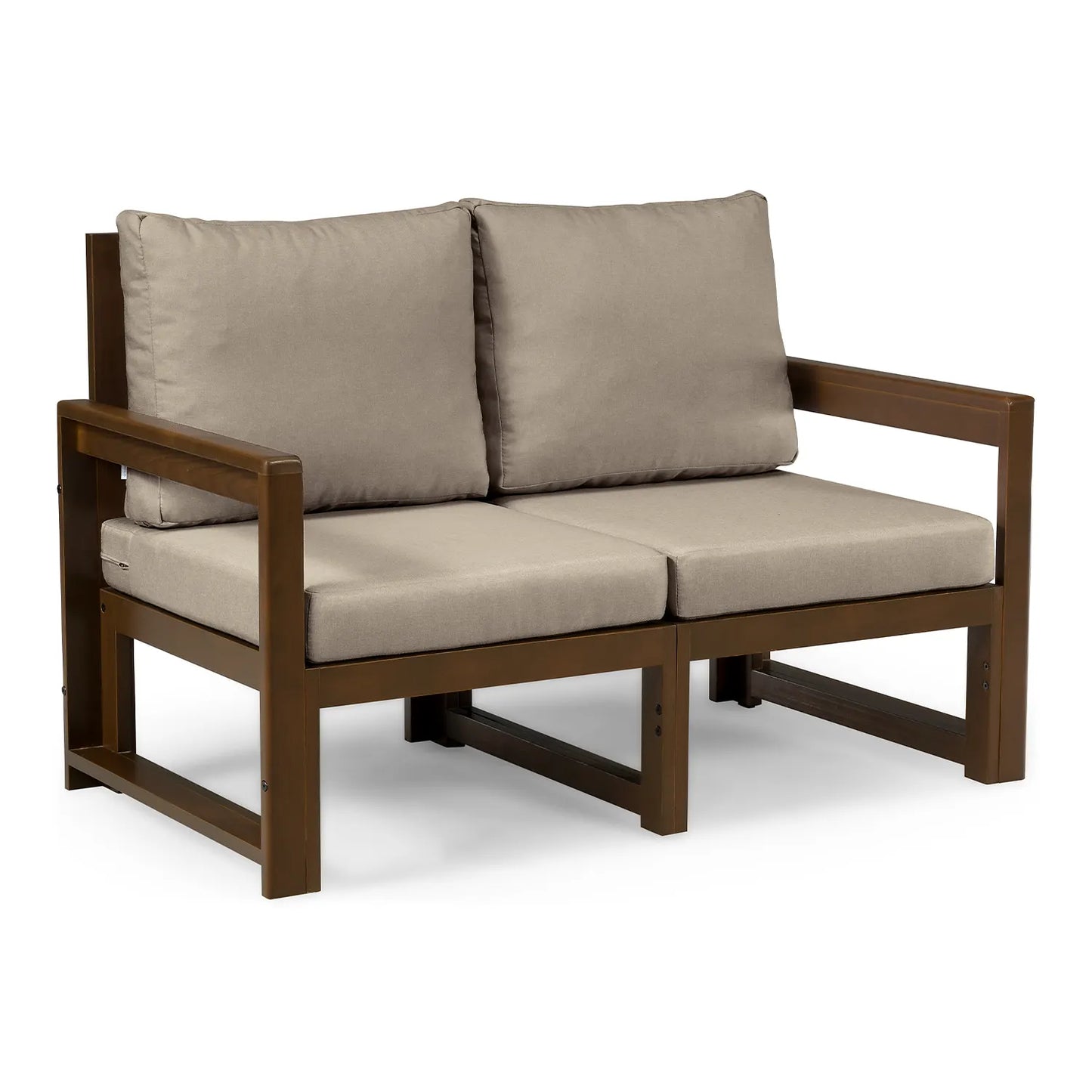 drewniana sofa 2 osobowa chillout z bezowymi poduszkami