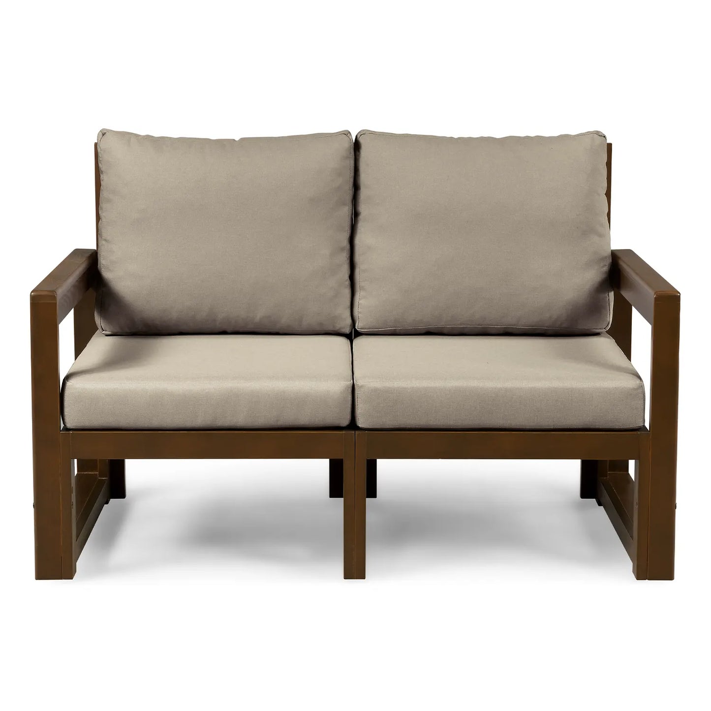 drewniana sofa 2 osobowa chillout z bezowymi poduszkami