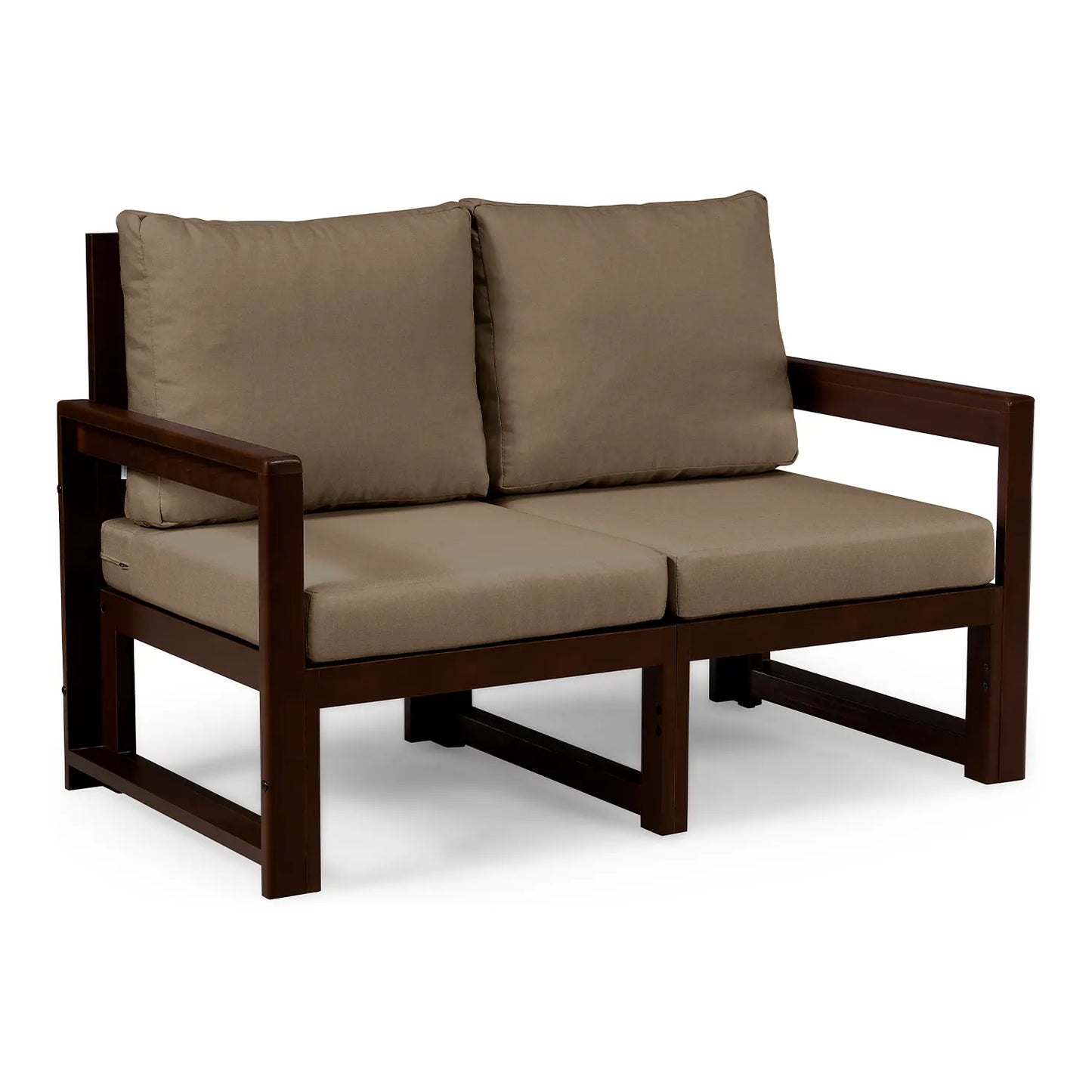 drewniana sofa 2 osobowa chillout z brazowymi poduszkami