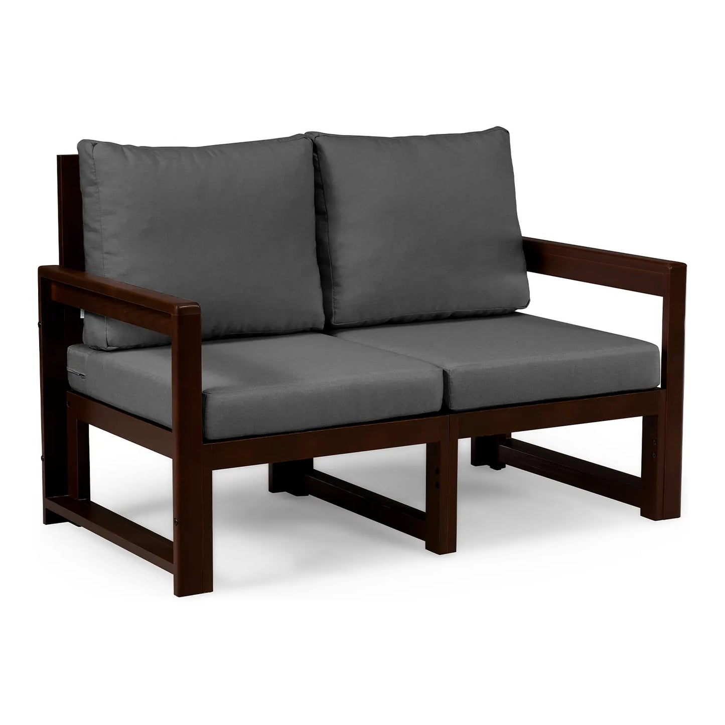 drewniana sofa 2 osobowa chillout z ciemnoszarymi poduszkami