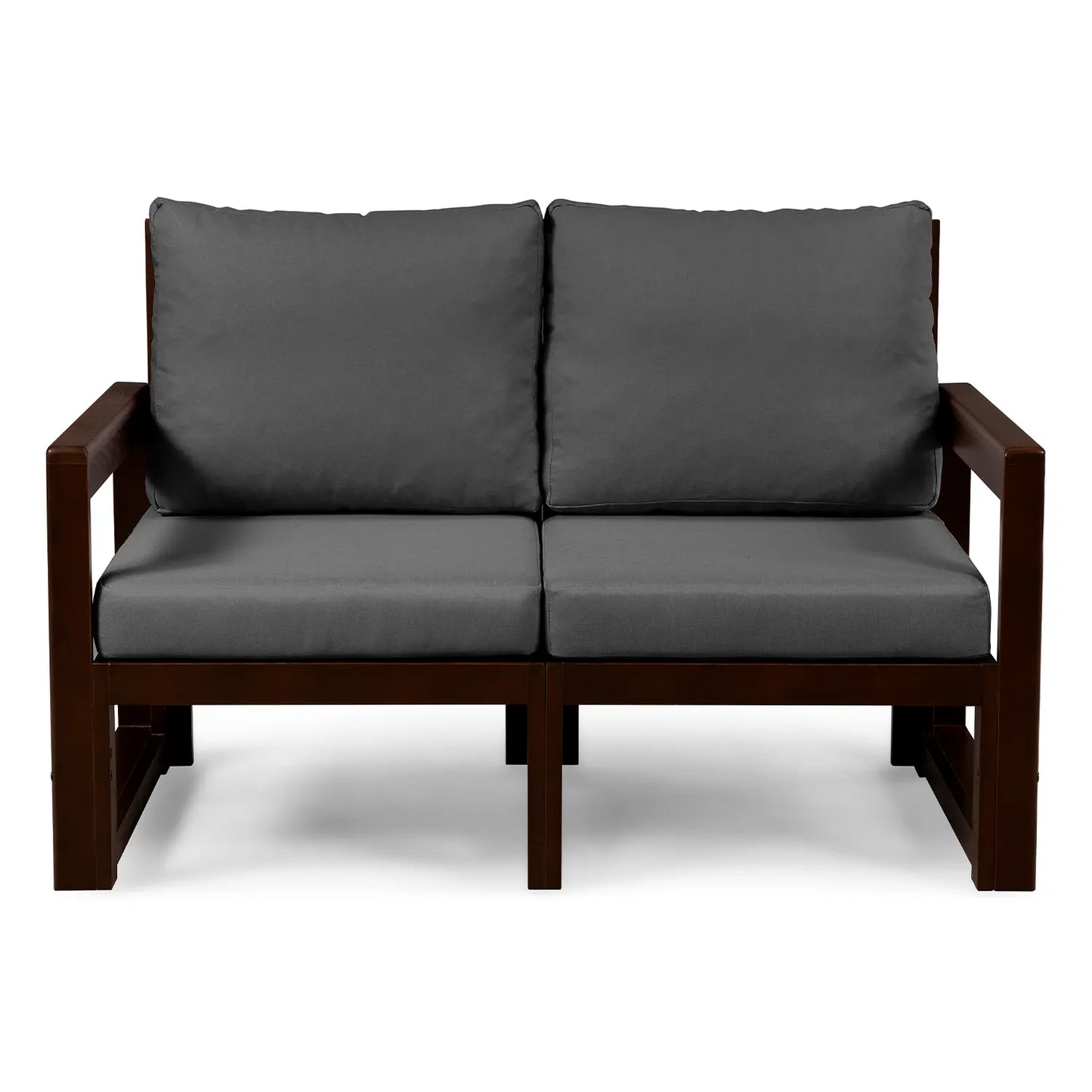 drewniana sofa 2 osobowa chillout z ciemnoszarymi poduszkami