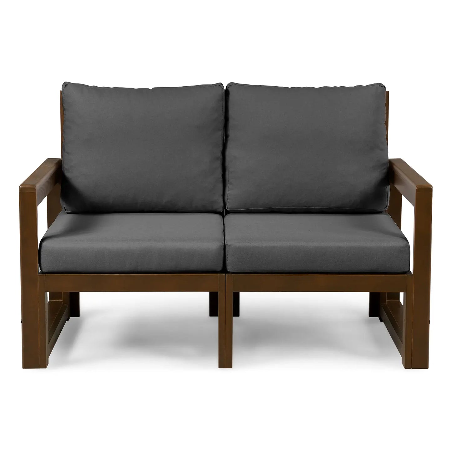 drewniana sofa 2 osobowa chillout z ciemnoszarymi poduszkami