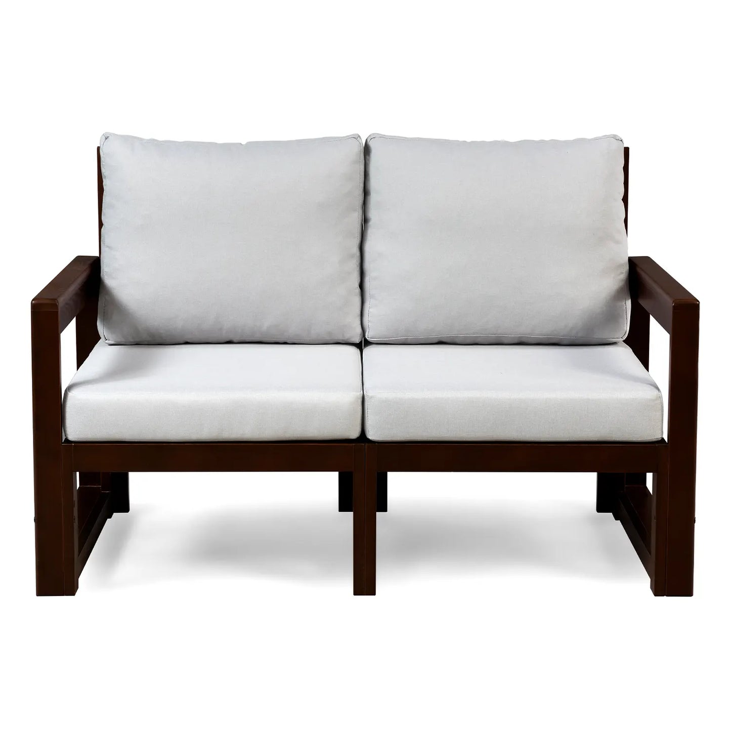drewniana sofa 2 osobowa chillout z platynowymi poduszkami