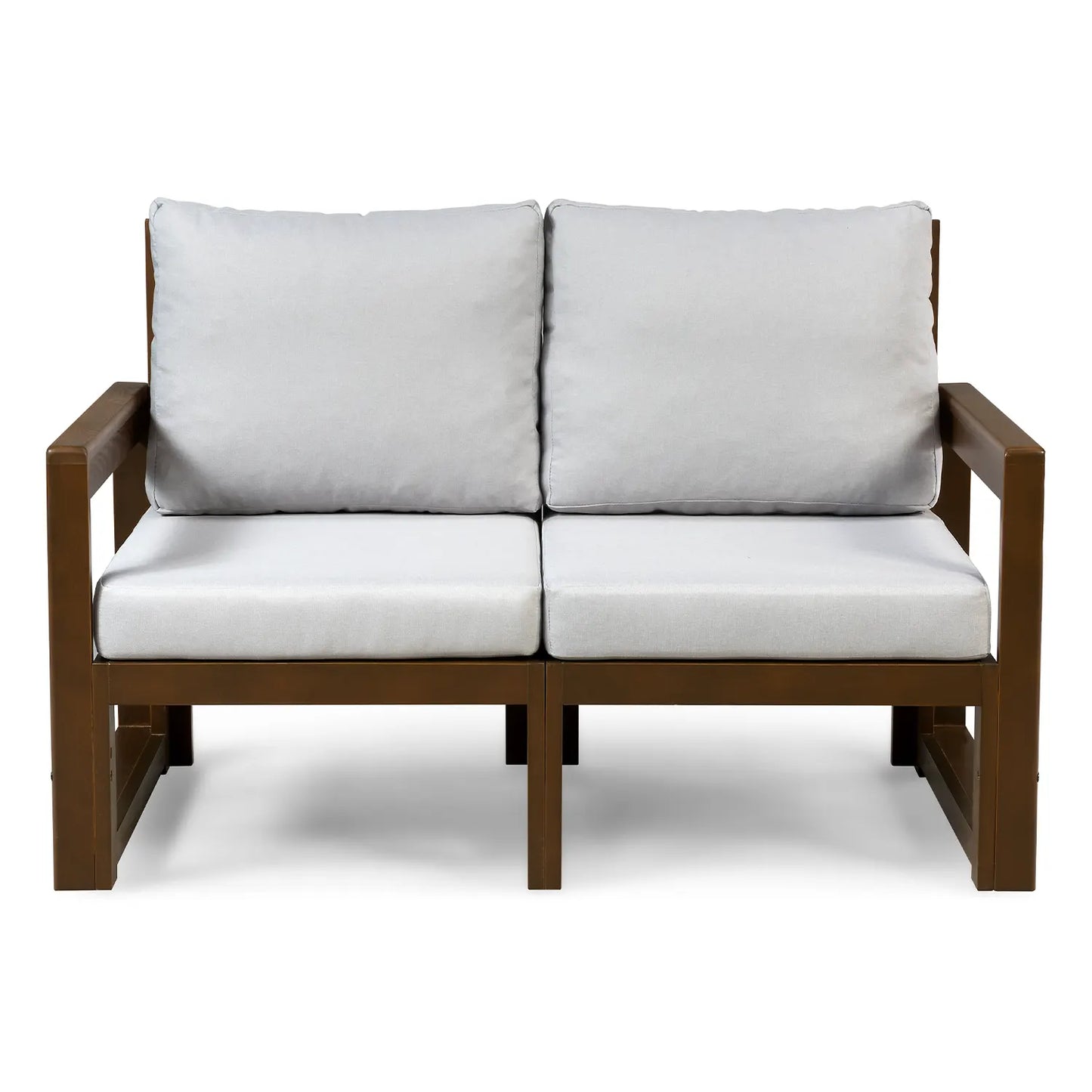 drewniana sofa 2 osobowa chillout z platynowymi poduszkami