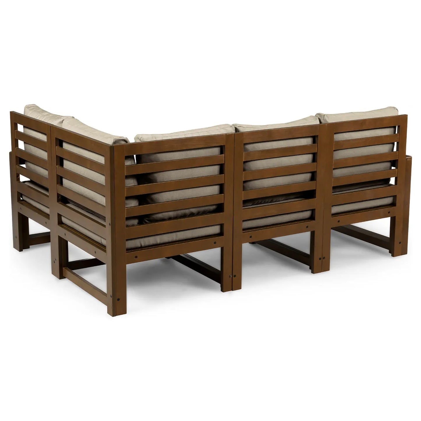 drewniana sofa 4 osobowa chillout z bezowymi poduszkami