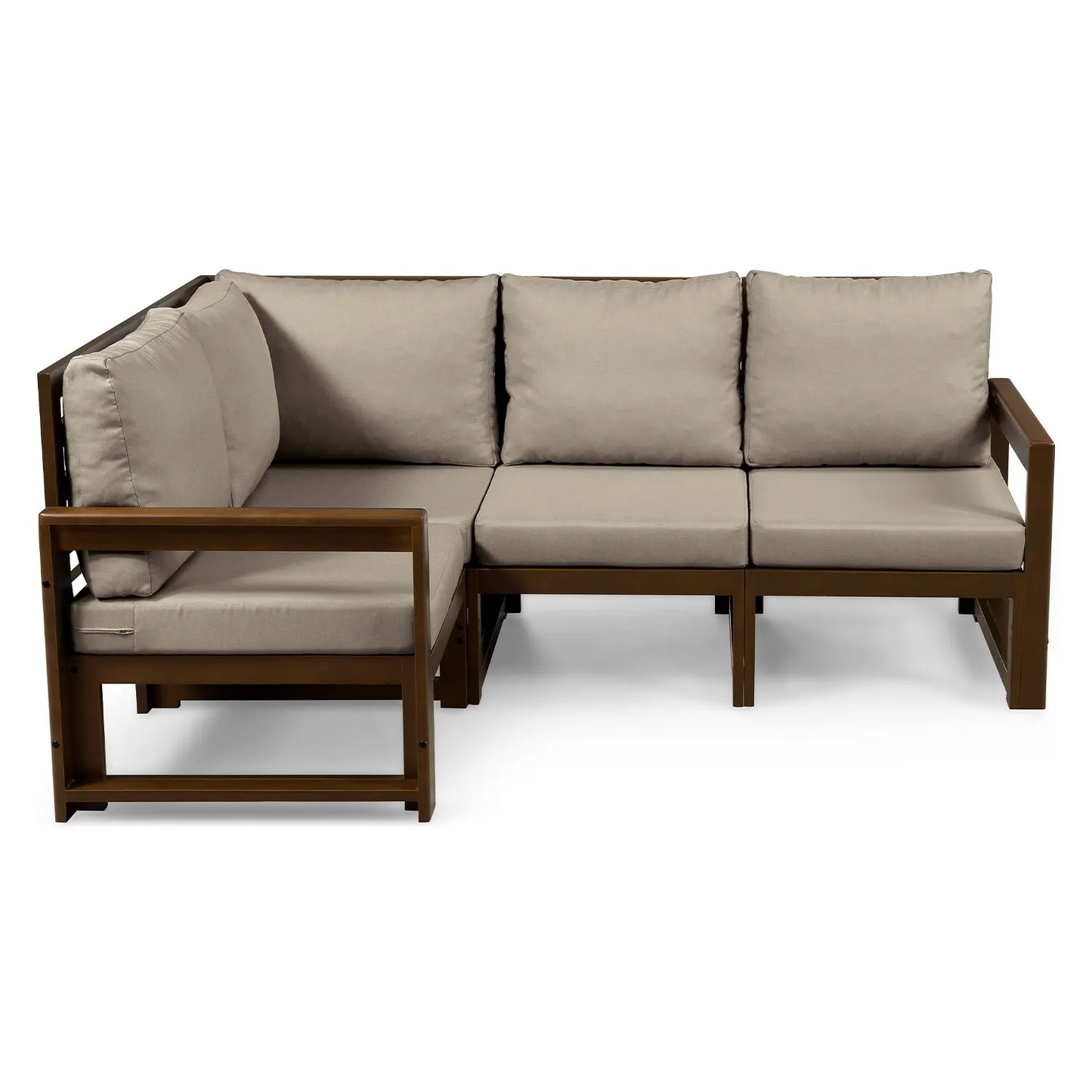 drewniana sofa 4 osobowa chillout z bezowymi poduszkami