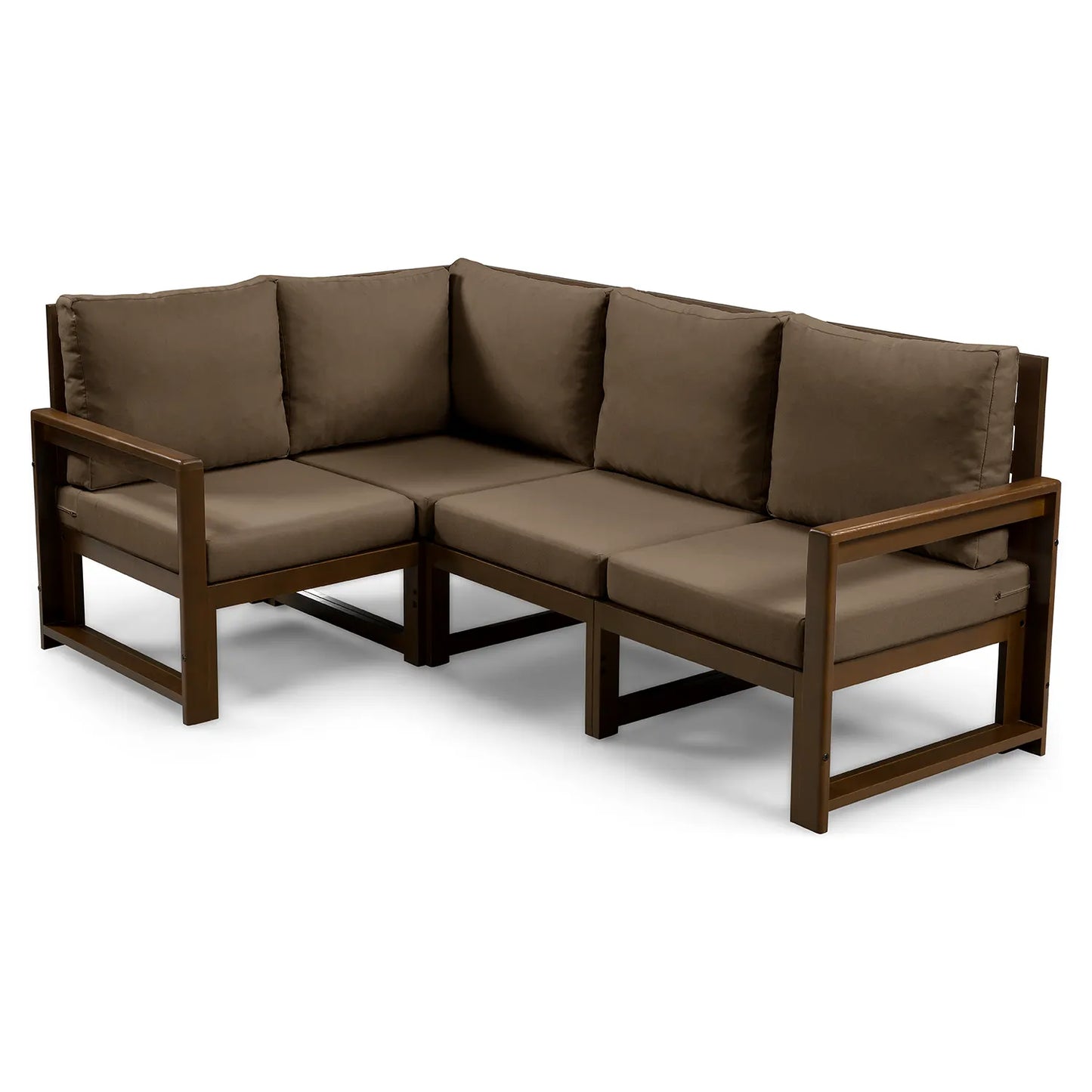 drewniana sofa 4 osobowa chillout z brazowymi poduszkami