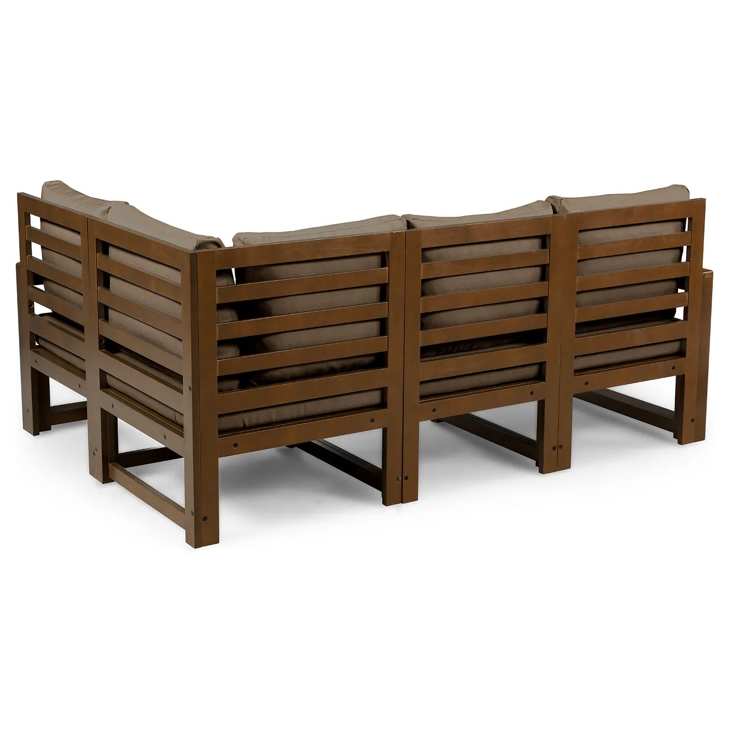 drewniana sofa 4 osobowa chillout z brazowymi poduszkami