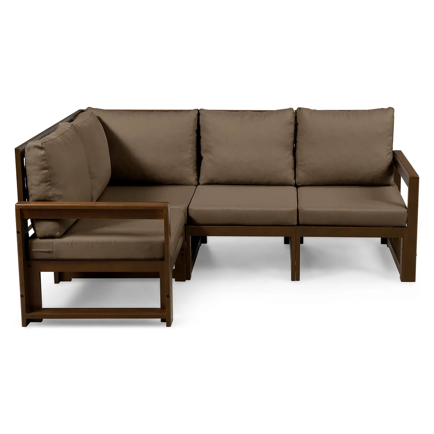 drewniana sofa 4 osobowa chillout z brazowymi poduszkami