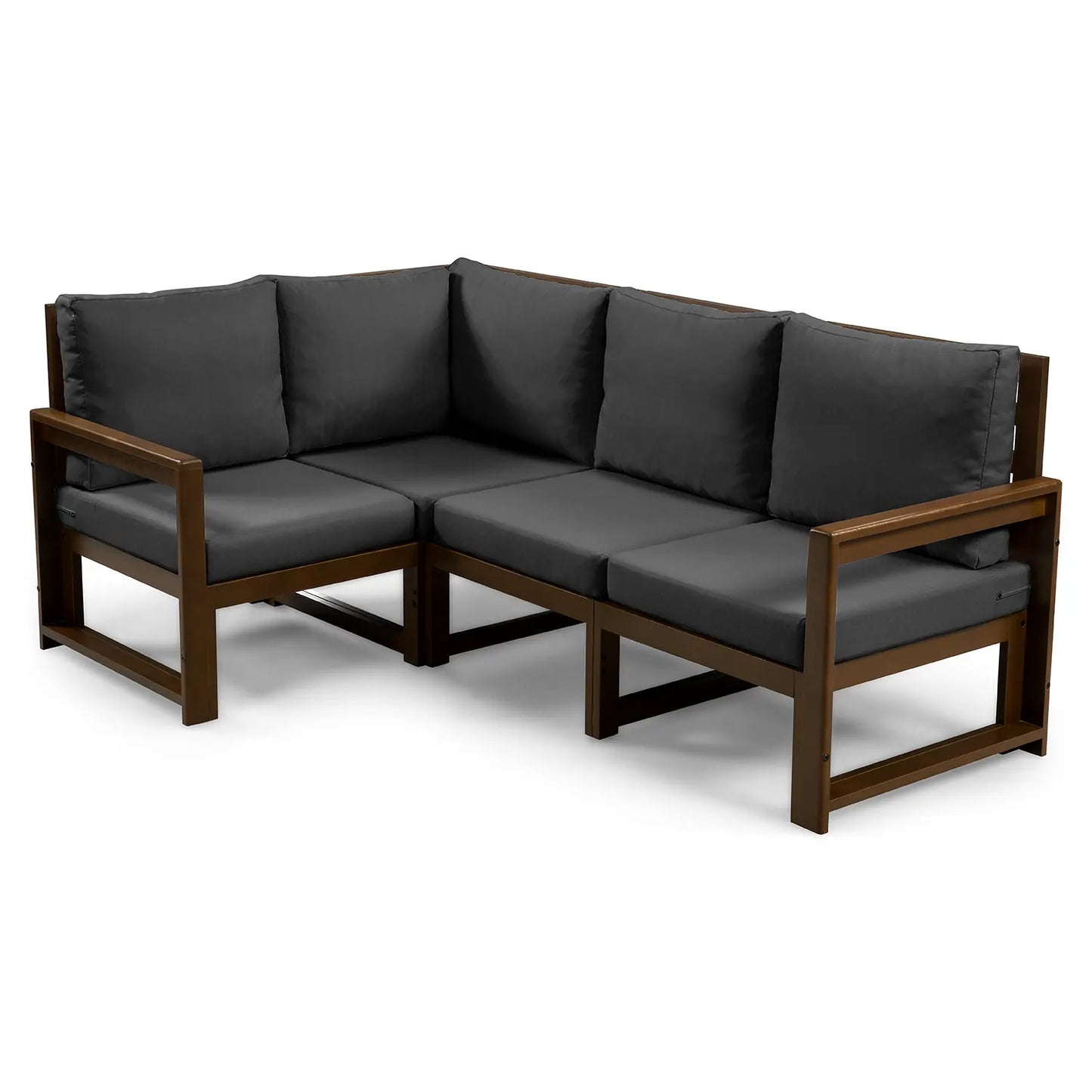 drewniana sofa 4 osobowa chillout z ciemnoszarymi poduszkami