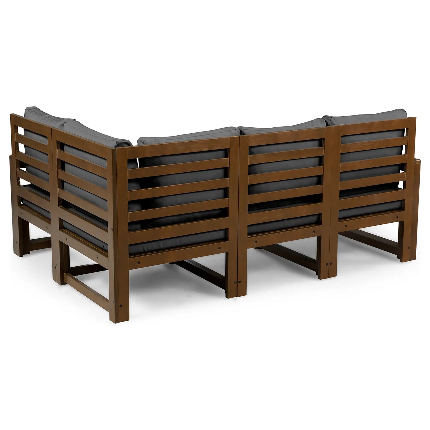 drewniana sofa 4 osobowa chillout z ciemnoszarymi poduszkami