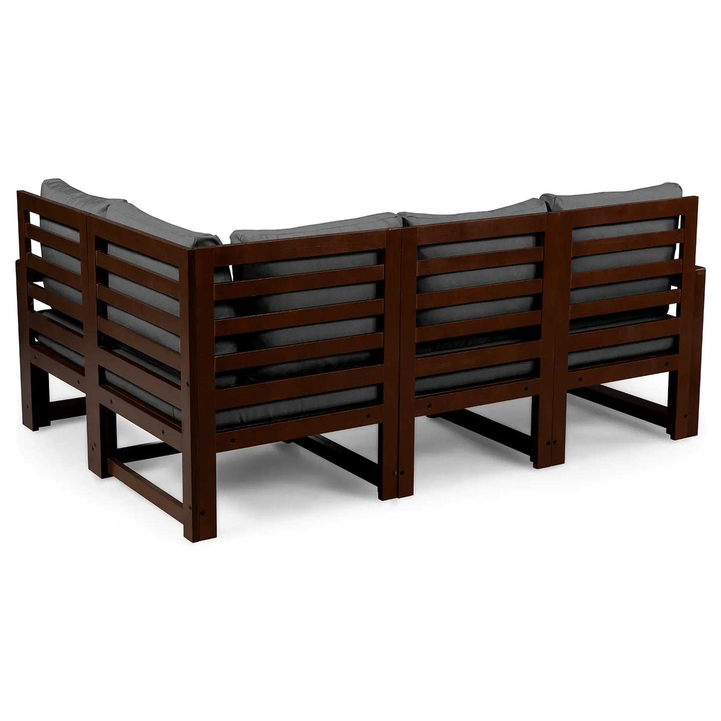 drewniana sofa 4 osobowa chillout z ciemnoszarymi poduszkami