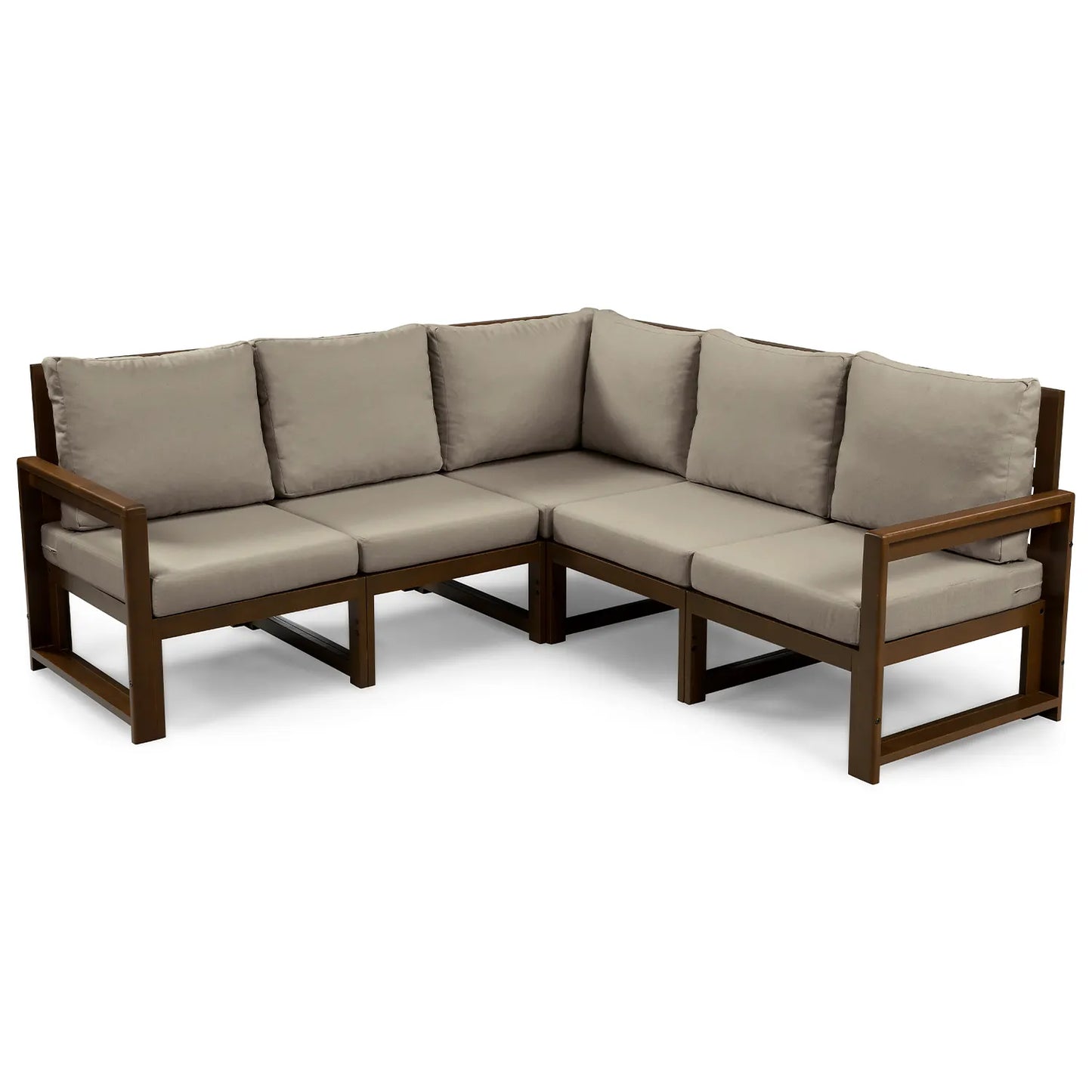 drewniana sofa 5 osobowa chillout z brazowymi poduszkami
