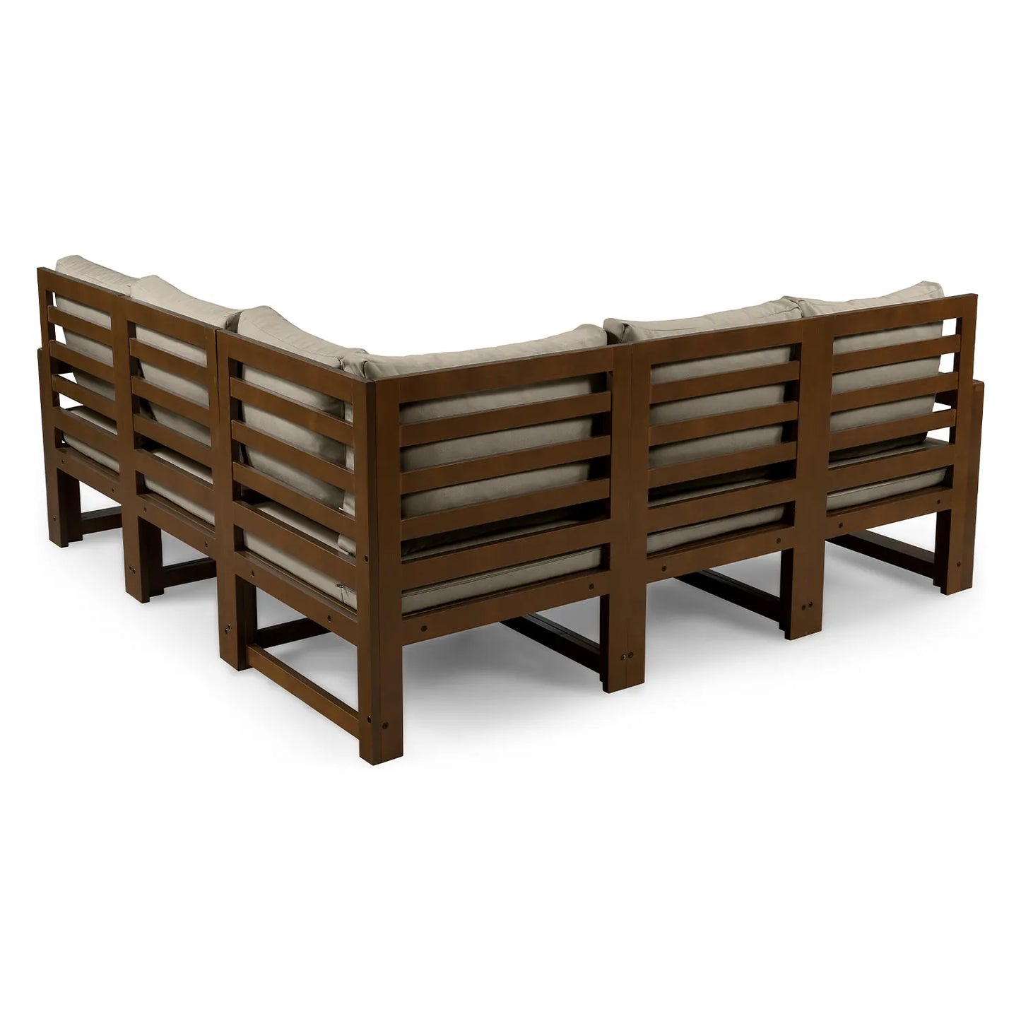 drewniana sofa 5 osobowa chillout z bezowymi poduszkami
