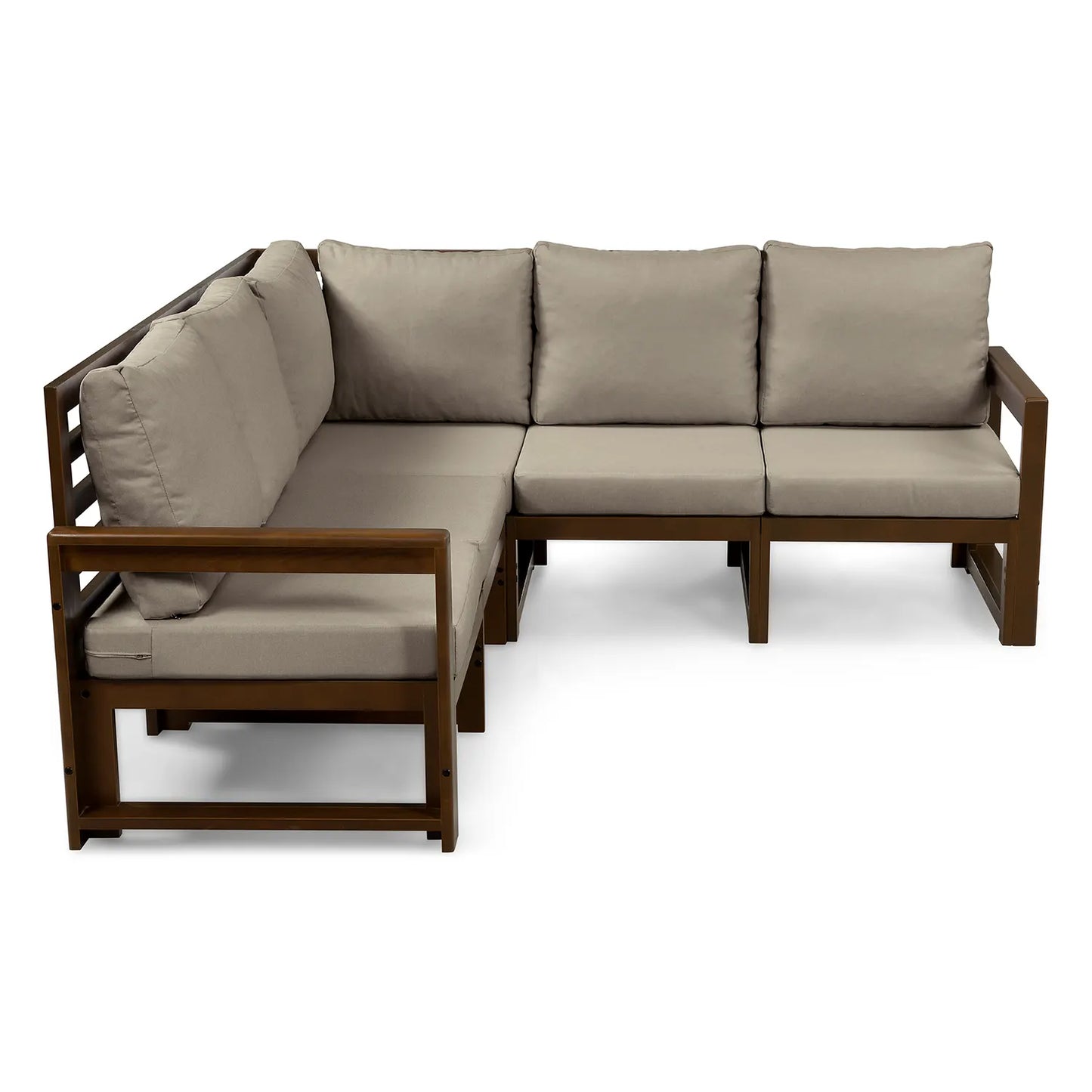 drewniana sofa 5 osobowa chillout z brazowymi poduszkami