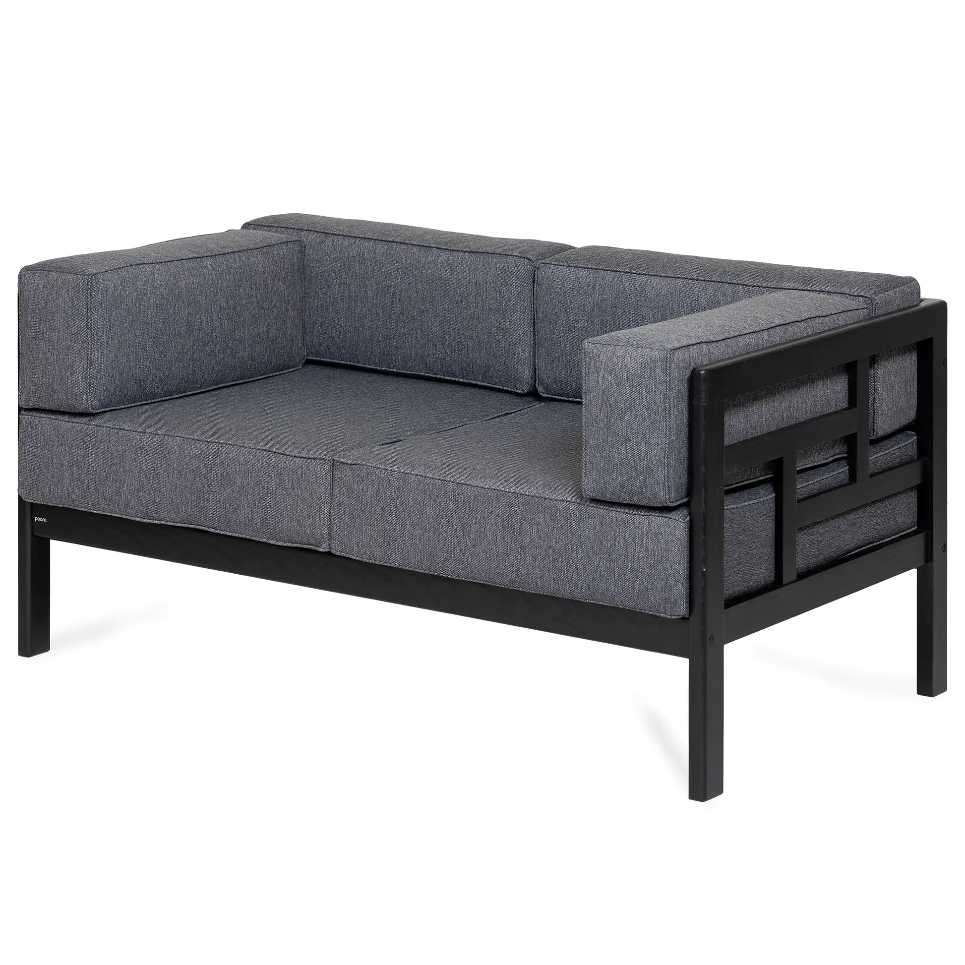 drewniana sofa ogrodowa 2 osobowa corinto czarny z ciemnoszarymi poduszkami