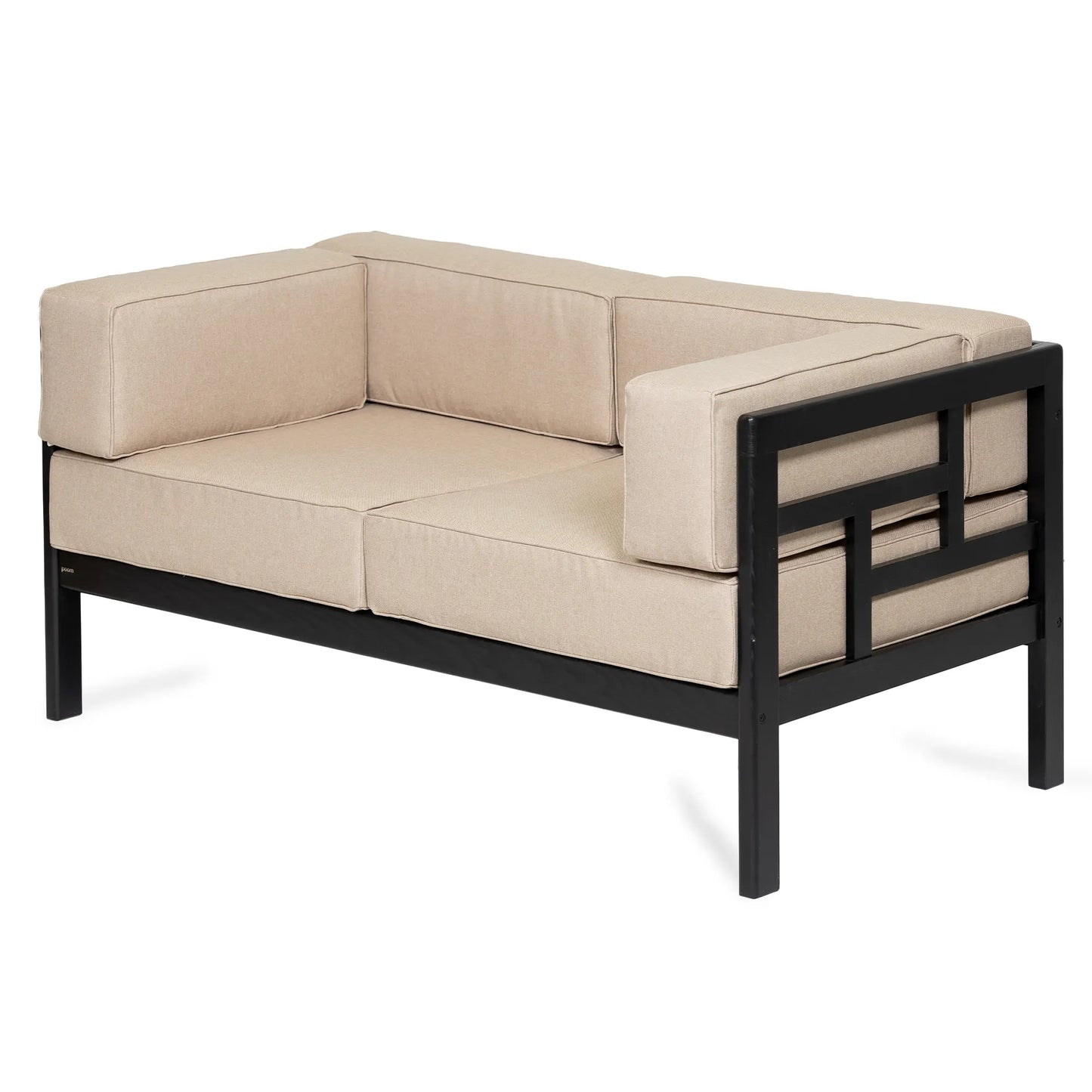 drewniana sofa ogrodowa 2 osobowa corinto czarny z kremowymi poduszkami