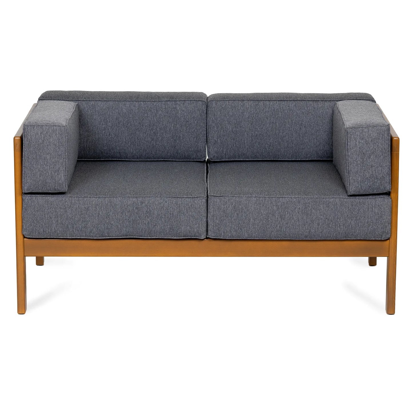 drewniana sofa ogrodowa 2 osobowa corinto forest brown z ciemnoszarymi poduszkami