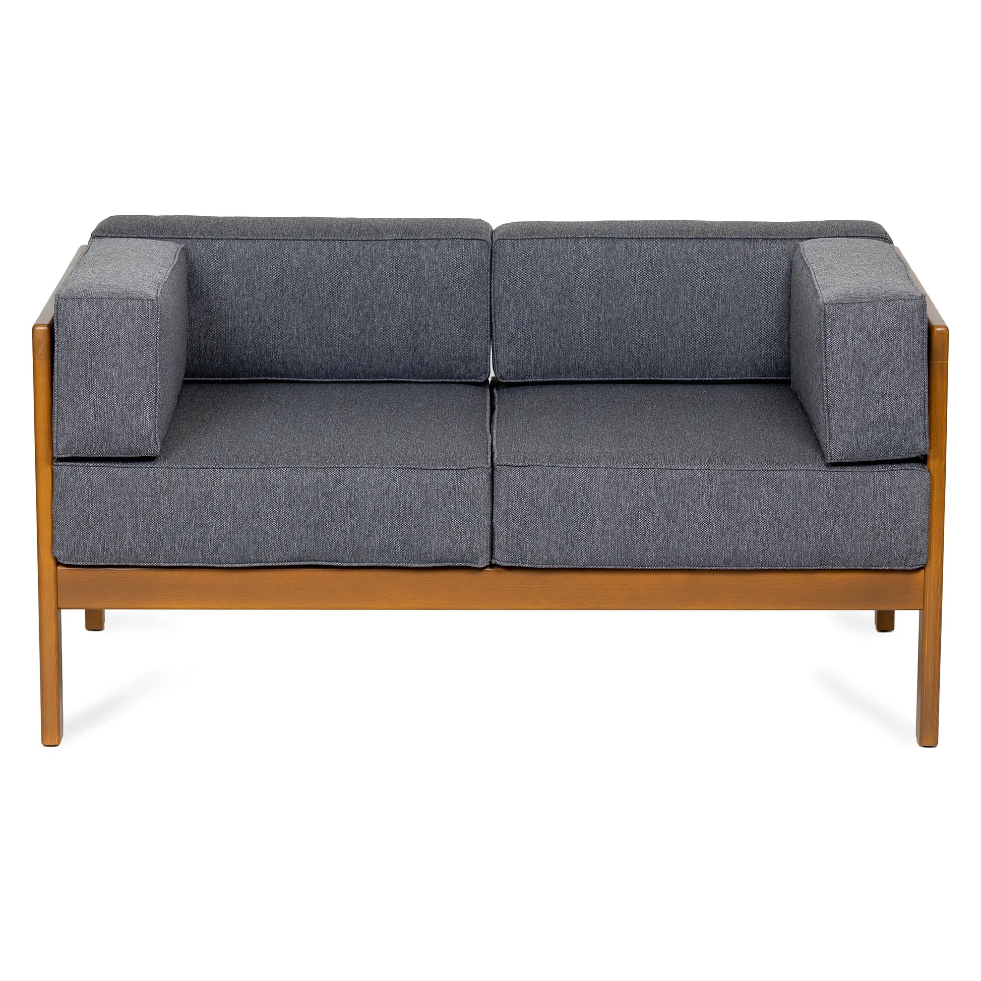 drewniana sofa ogrodowa 2 osobowa corinto forest brown z ciemnoszarymi poduszkami