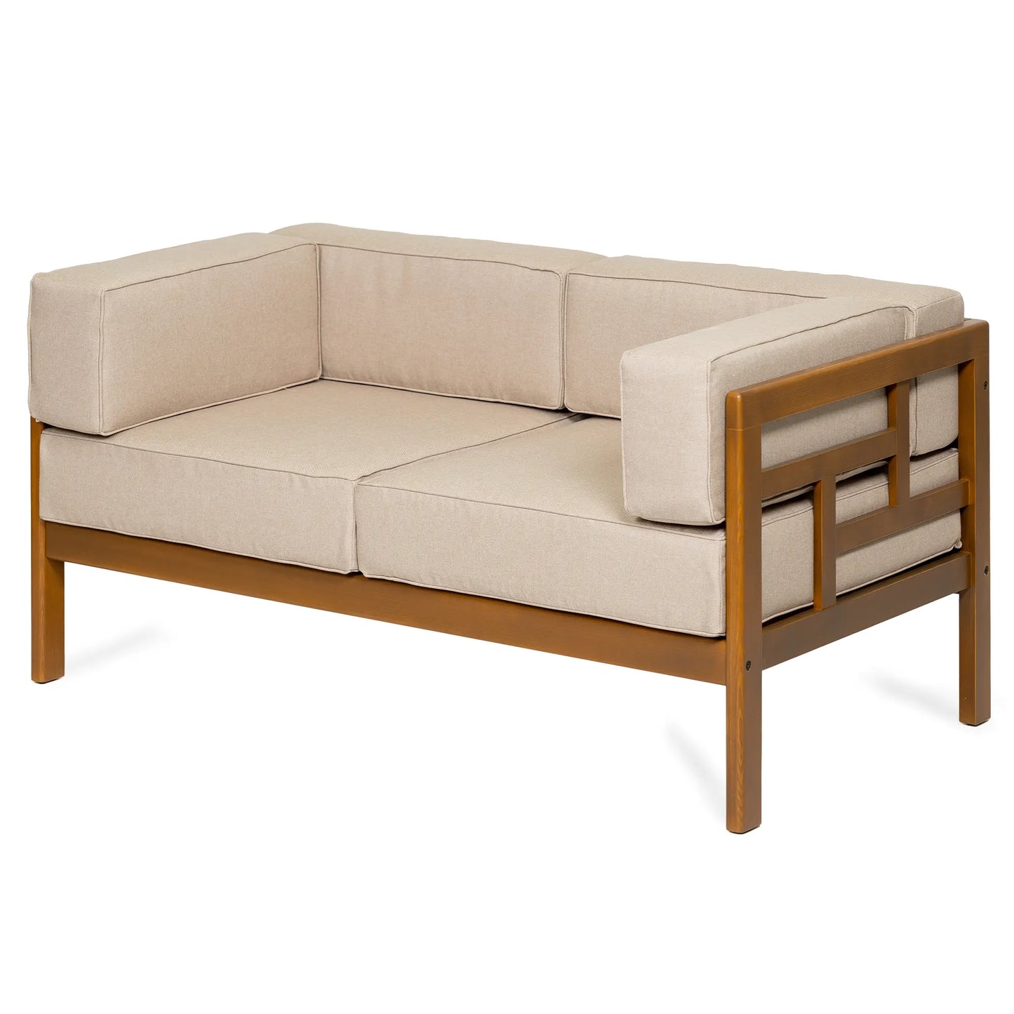 drewniana sofa ogrodowa 2 osobowa corinto forest brown z kremowymi poduszkami