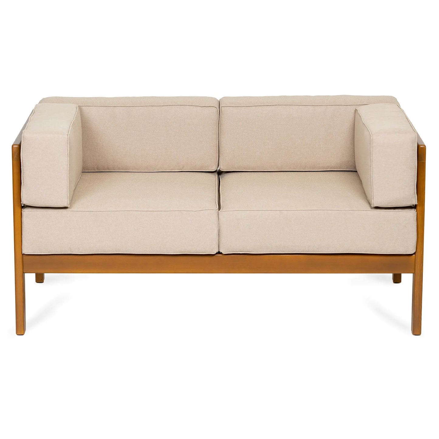 drewniana sofa ogrodowa 2 osobowa corinto forest brown z kremowymi poduszkami