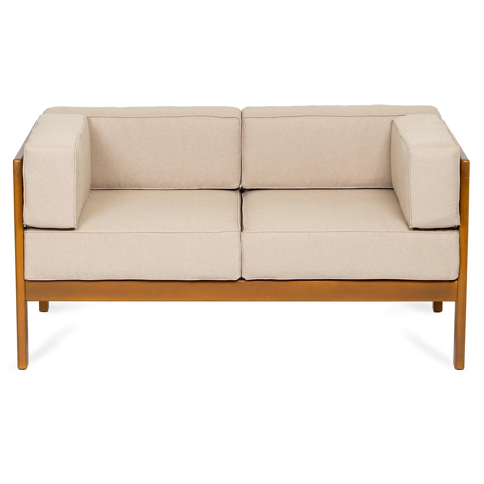 drewniana sofa ogrodowa 2 osobowa corinto forest brown z kremowymi poduszkami