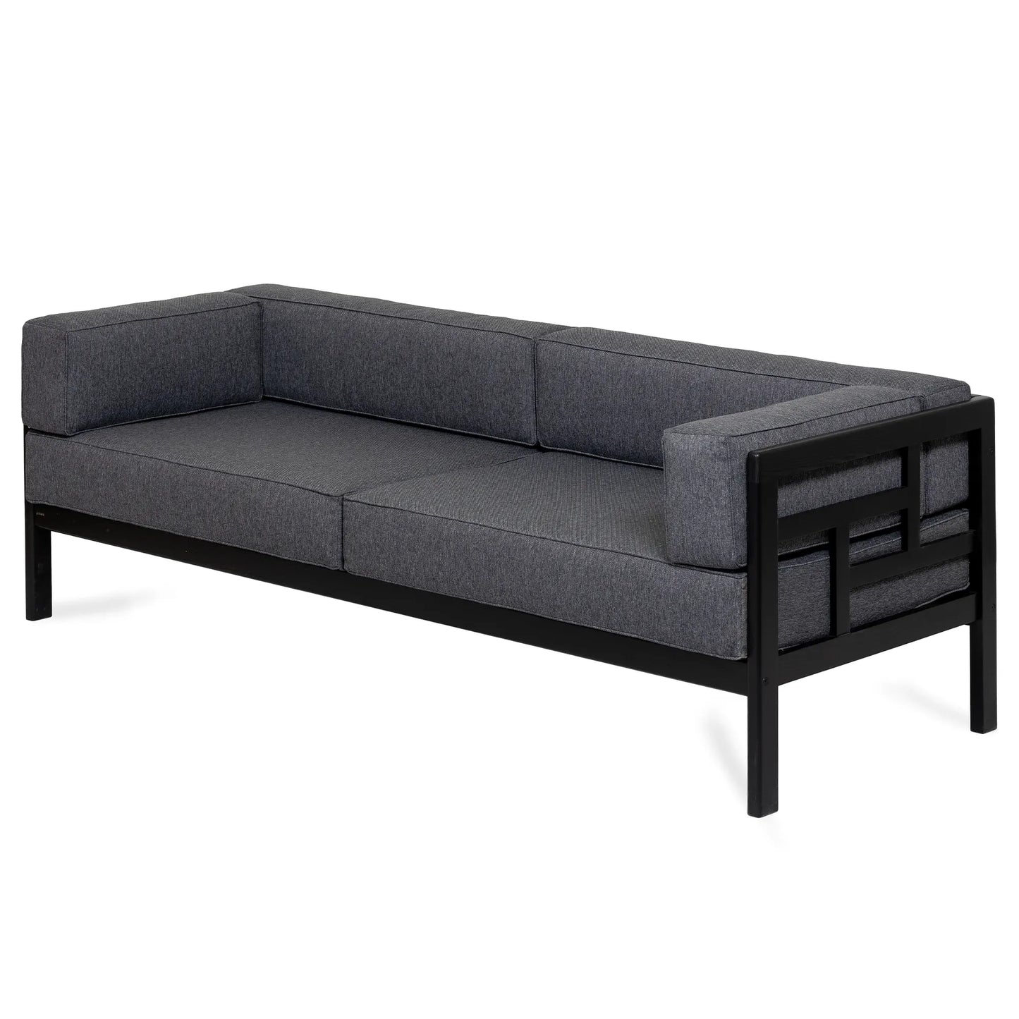 drewniana sofa ogrodowa 3 osobowa corinto czarna z ciemnoszarymi poduszkami