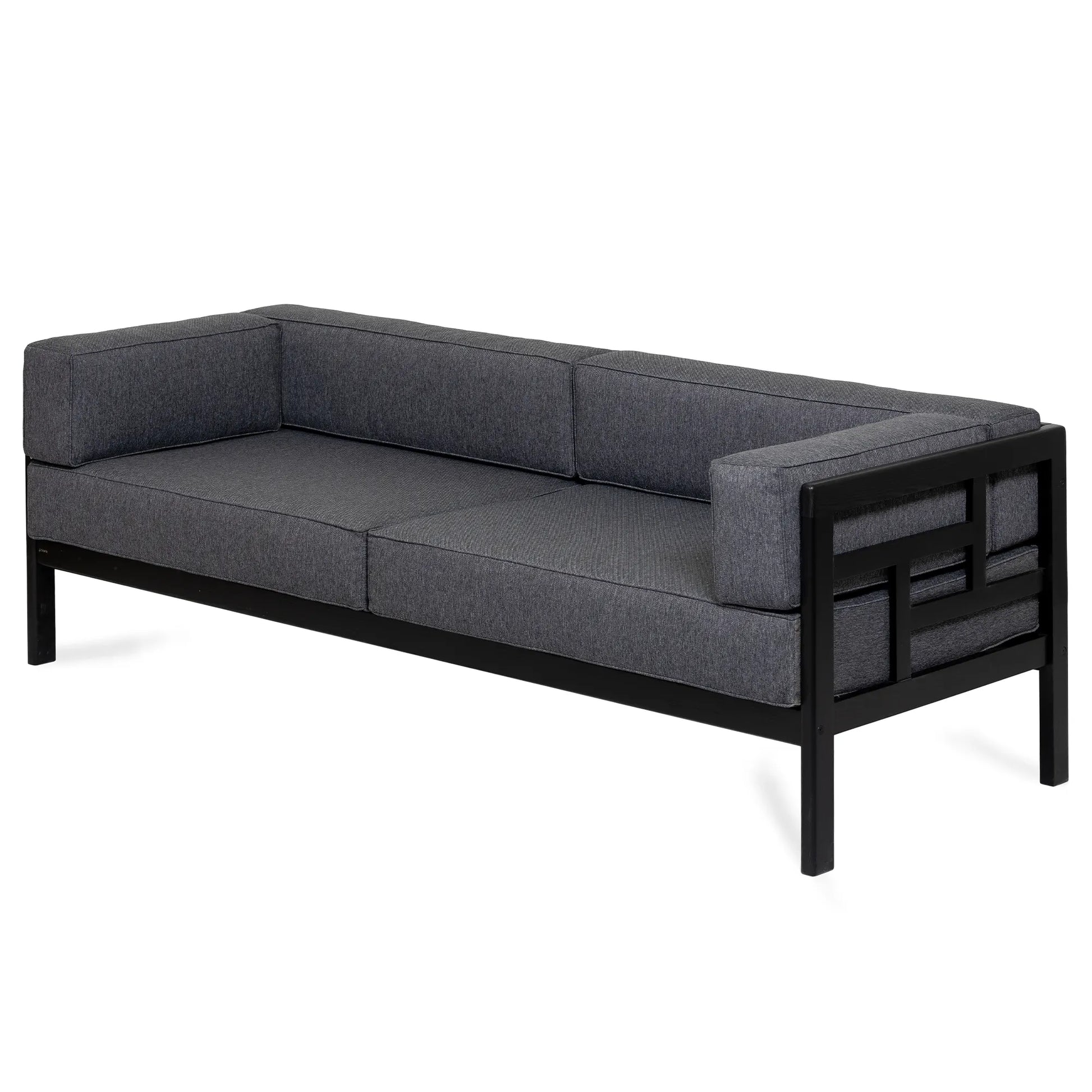drewniana sofa ogrodowa 3 osobowa corinto czarna z ciemnoszarymi poduszkami