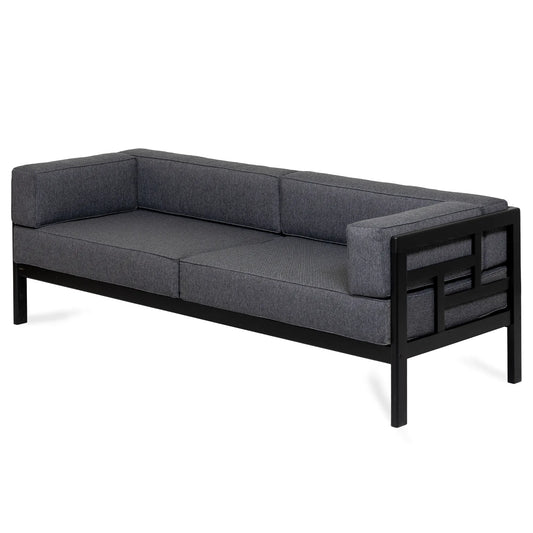 drewniana sofa ogrodowa 3 osobowa corinto czarna z ciemnoszarymi poduszkami