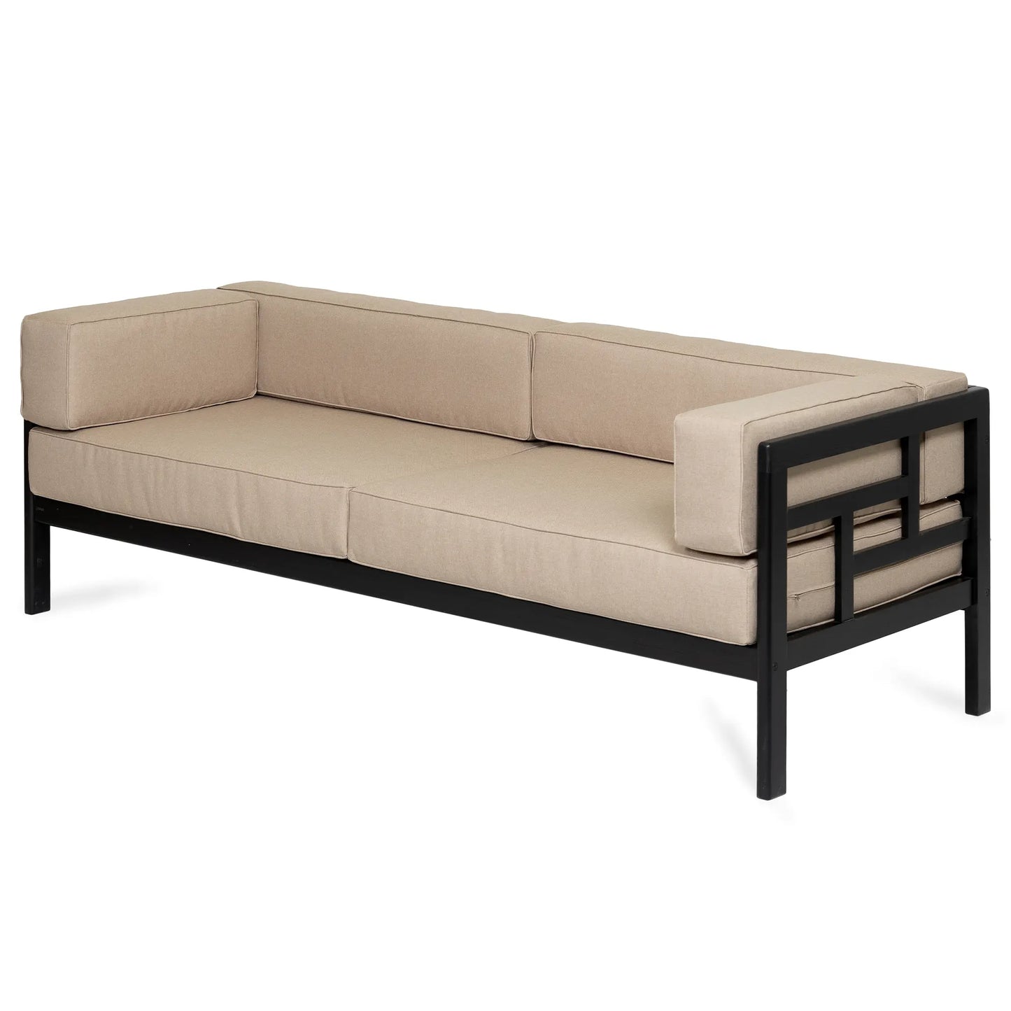 drewniana sofa ogrodowa 3 osobowa corinto czarna z kremowymi poduszkami