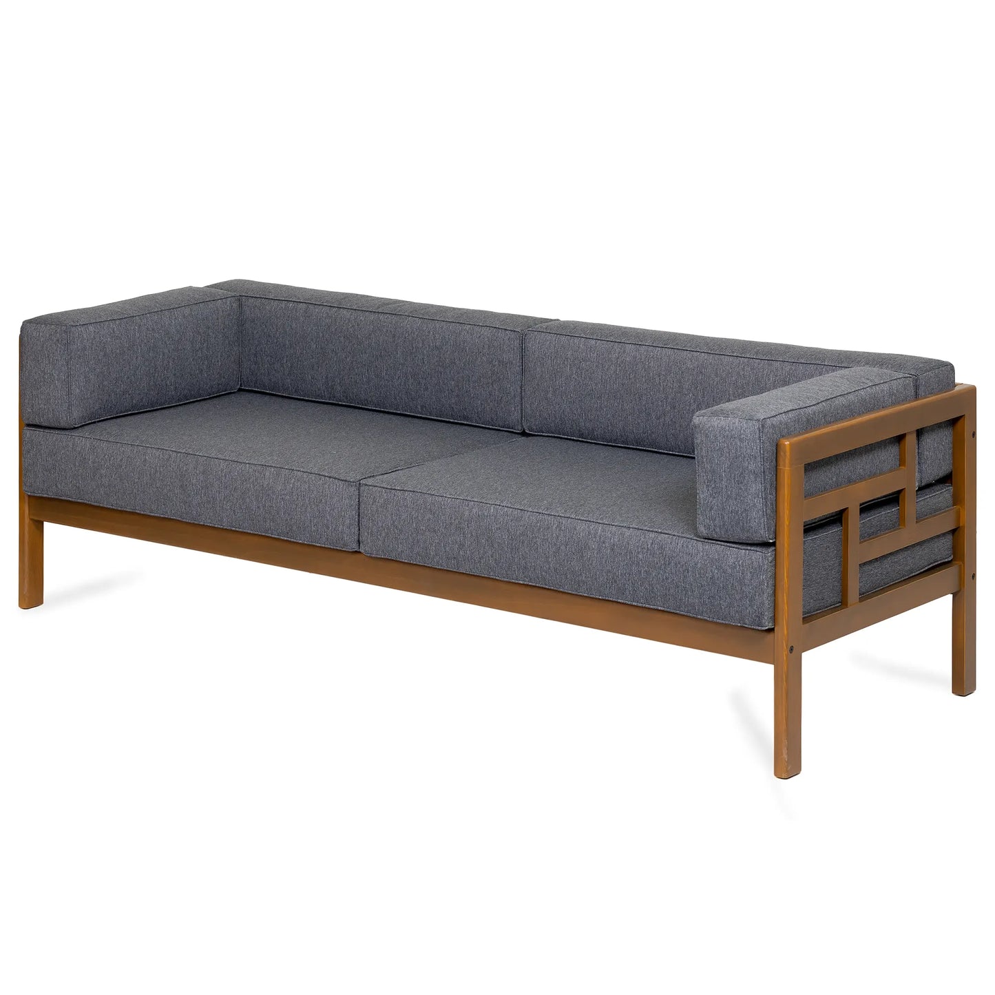 drewniana sofa ogrodowa 3 osobowa corinto forest brown z ciemnoszarymi poduszkami