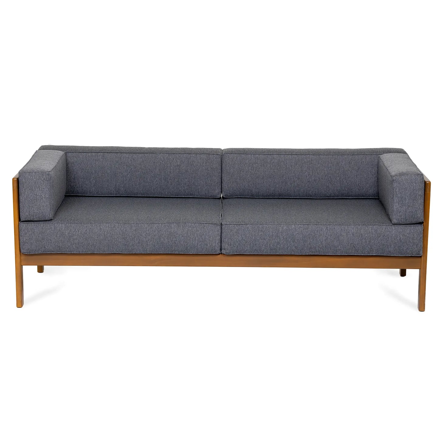 drewniana sofa ogrodowa 3 osobowa corinto forest brown z ciemnoszarymi poduszkami