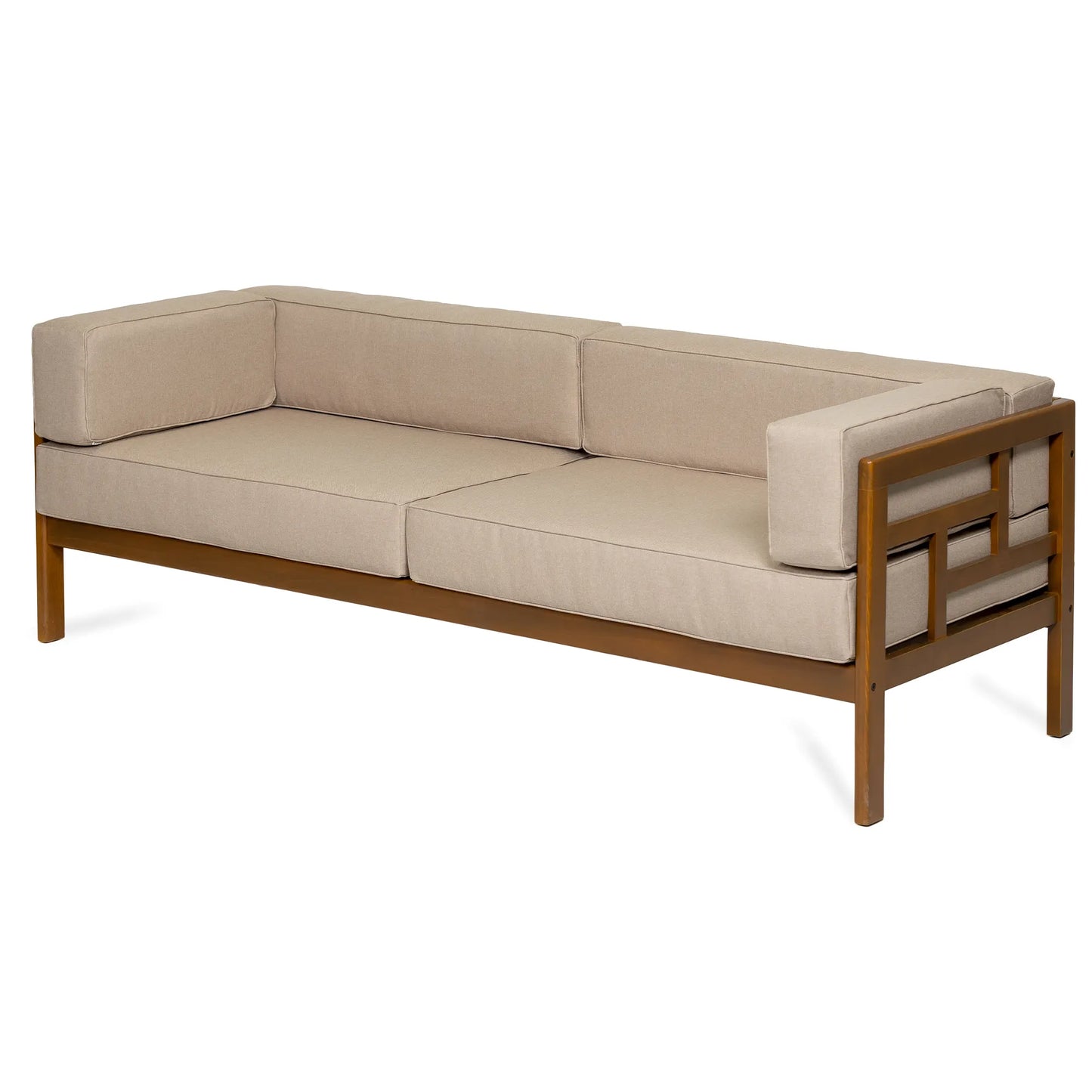 drewniana sofa ogrodowa 3 osobowa corinto forest brown z kremowymi poduszkami