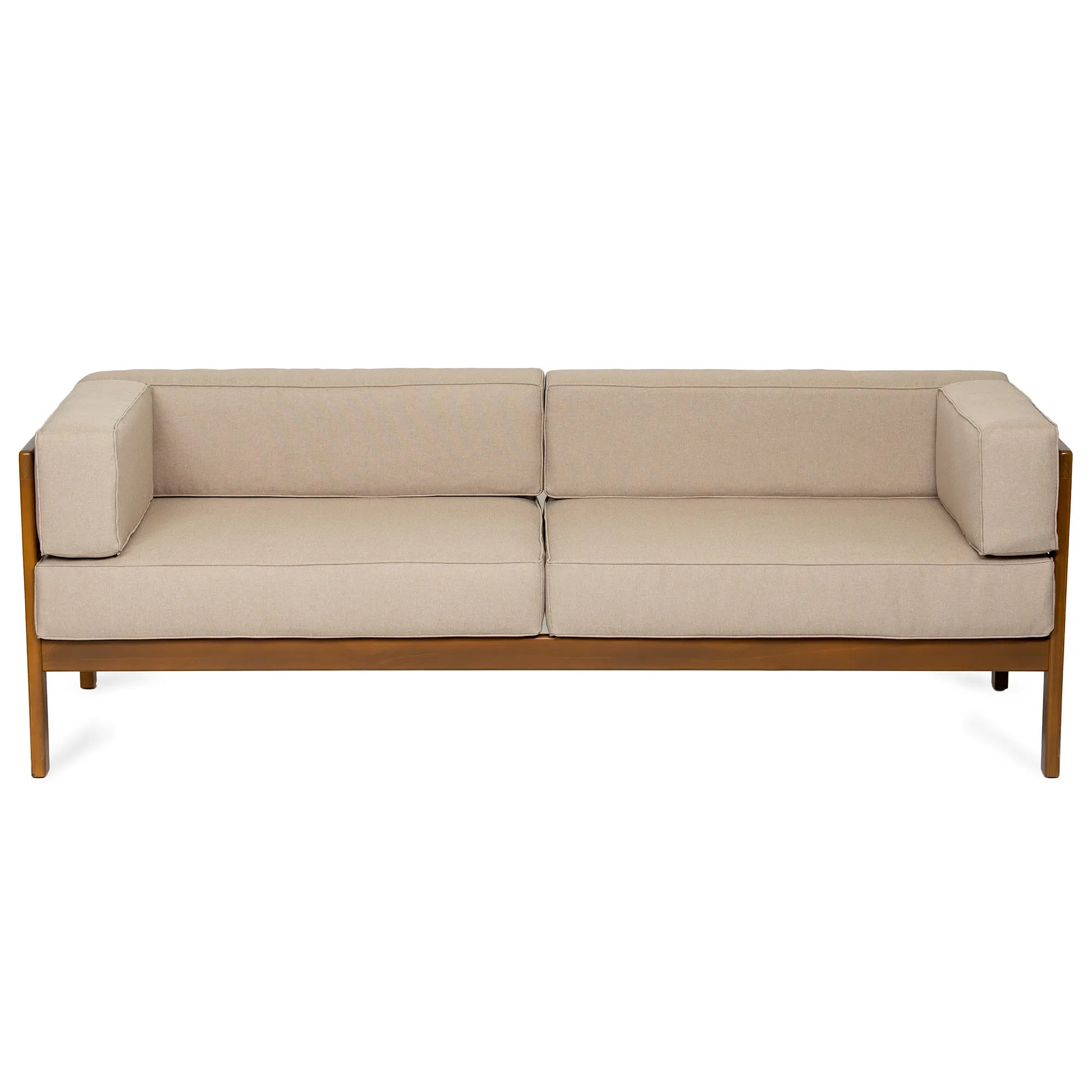 drewniana sofa ogrodowa 3 osobowa corinto forest brown z kremowymi poduszkami